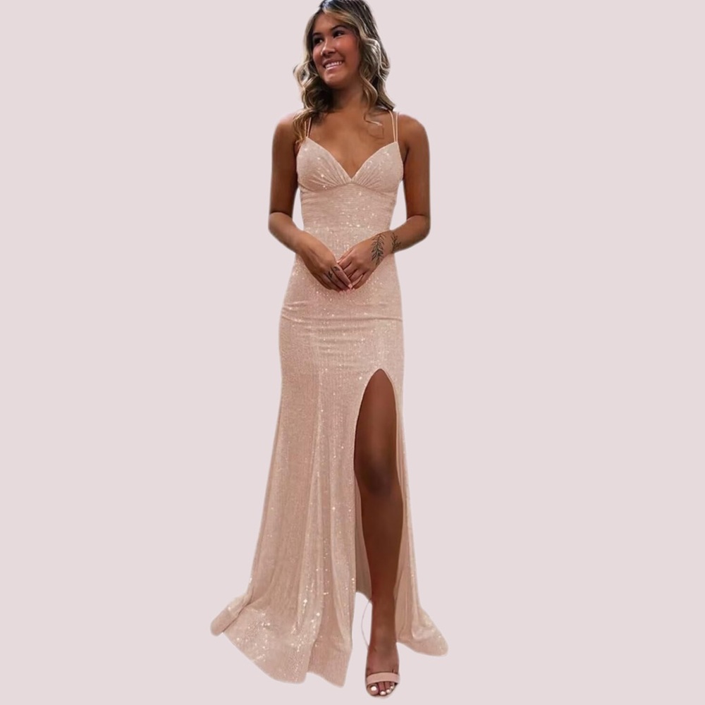 NWT Long V Neck Mermaid Glitter‎ Formal Dresses Evening Gowns with Slit - 2